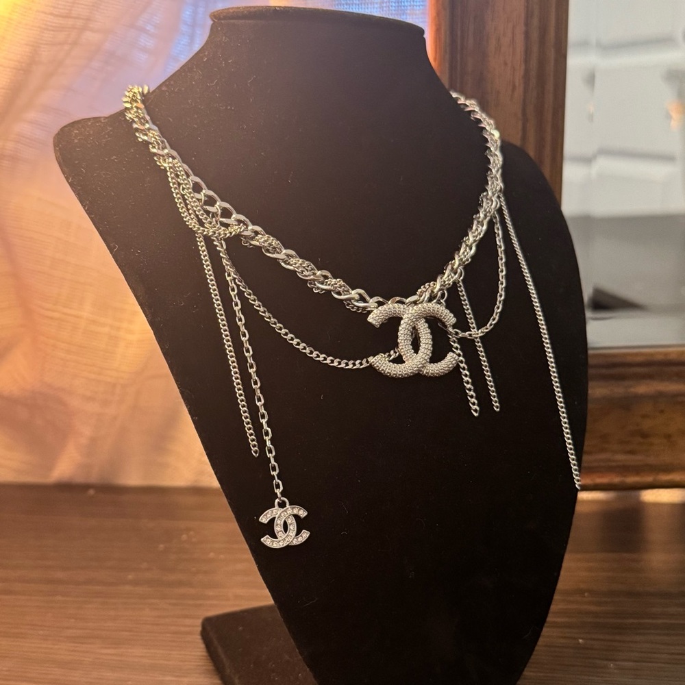 Chanel CC Motif tangled multi chain silver choker necklace